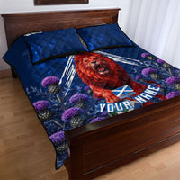 Personalized Scotland Red Lion Soccer Quilt Bed Set Scottish Saltire Flag Purple Thistle Cheering Fans