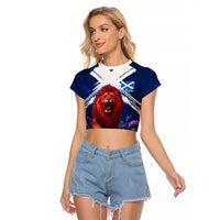 Personalized Scotland Red Lion Soccer Raglan Cropped T Shirt Scottish Saltire Flag Purple Thistle Cheering Fans