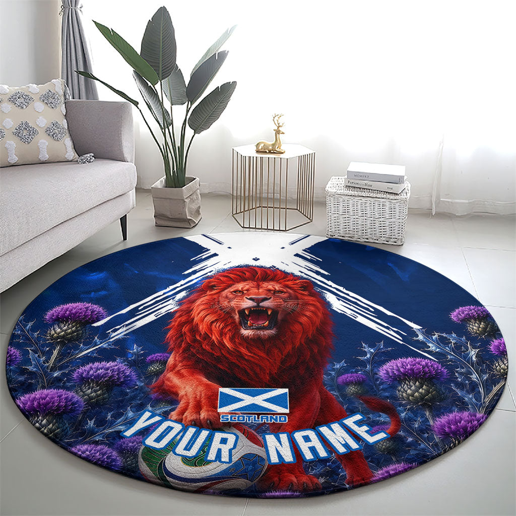 Personalized Scotland Red Lion Soccer Round Carpet Scottish Saltire Flag Purple Thistle Cheering Fans