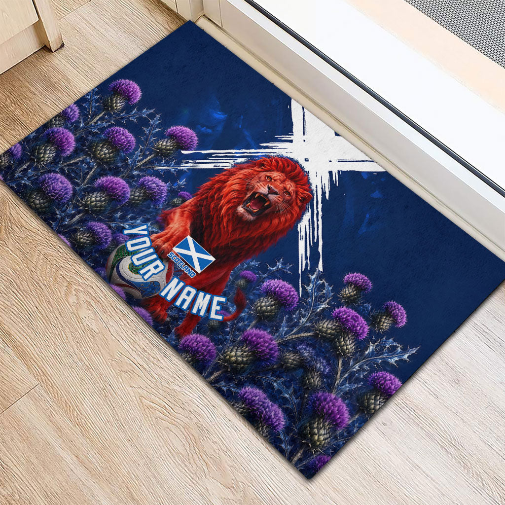Personalized Scotland Red Lion Soccer Rubber Doormat Scottish Saltire Flag Purple Thistle Cheering Fans