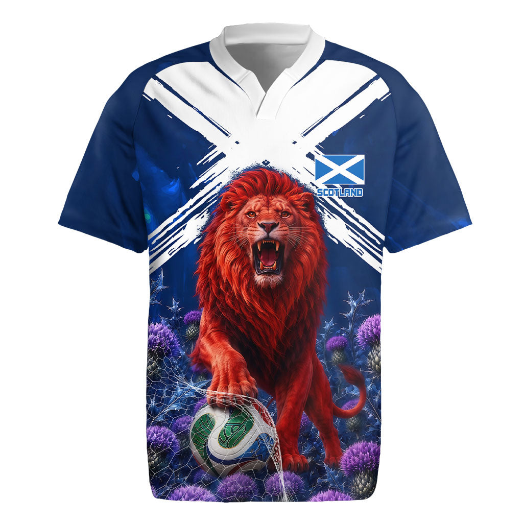 Personalized Scotland Red Lion Soccer Rugby Jersey Scottish Saltire Flag Purple Thistle Cheering Fans