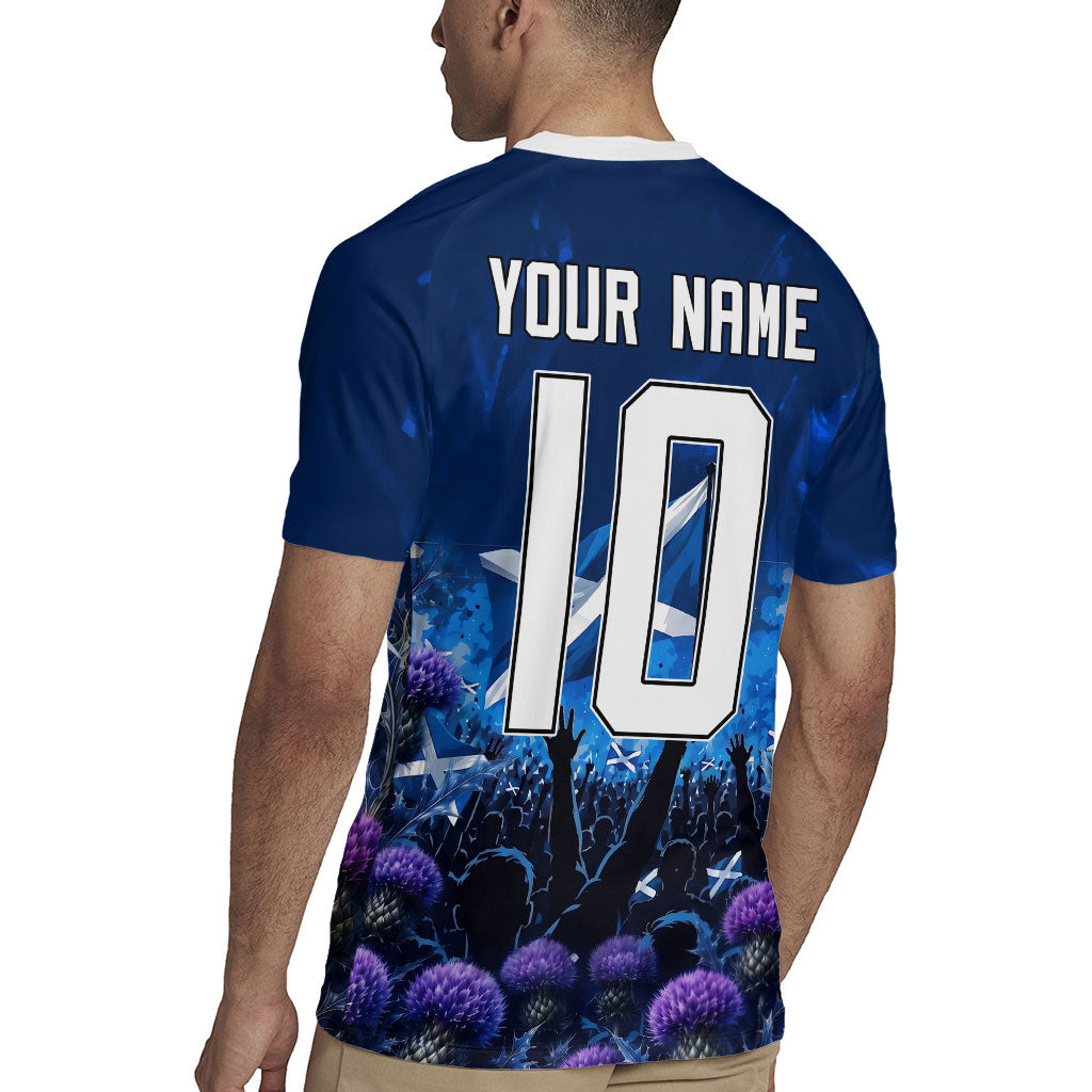 Personalized Scotland Red Lion Soccer Rugby Jersey Scottish Saltire Flag Purple Thistle Cheering Fans