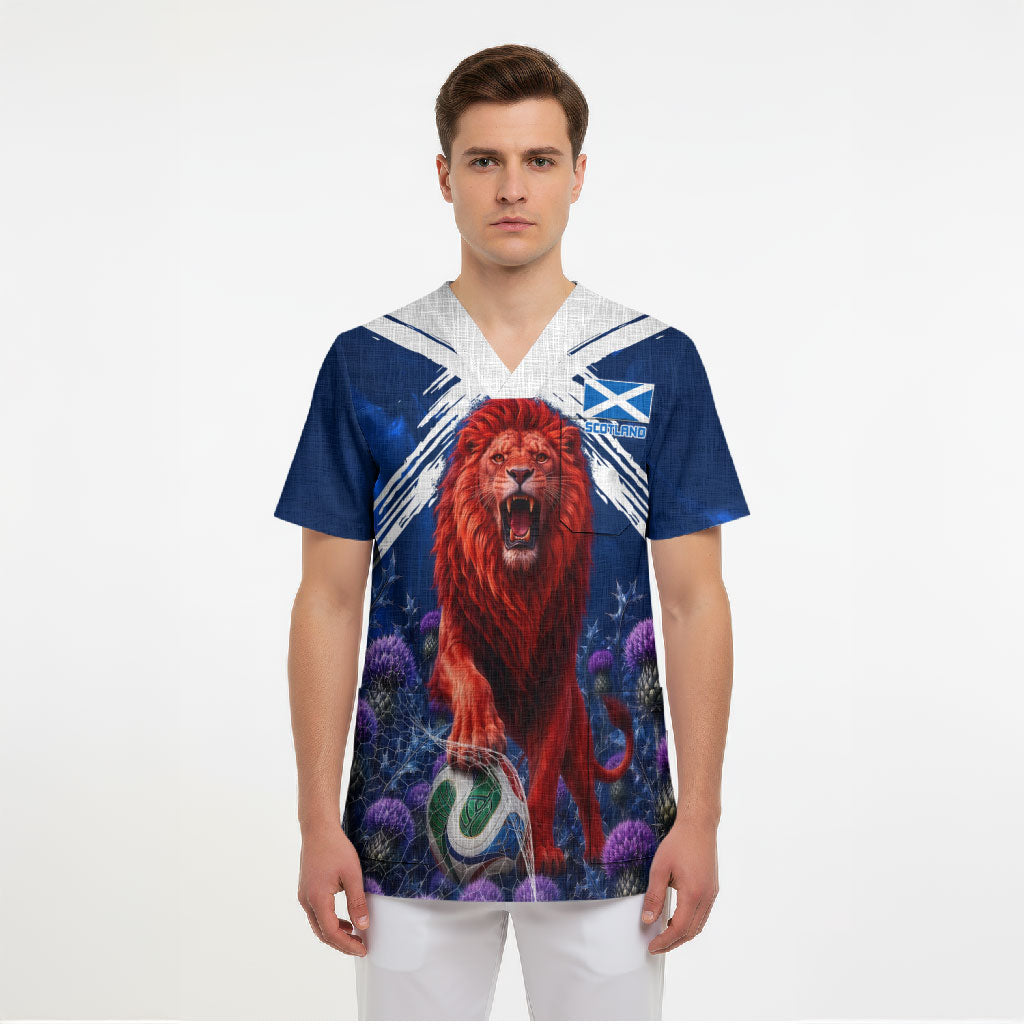 Personalized Scotland Red Lion Soccer Scrub Top Scottish Saltire Flag Purple Thistle Cheering Fans