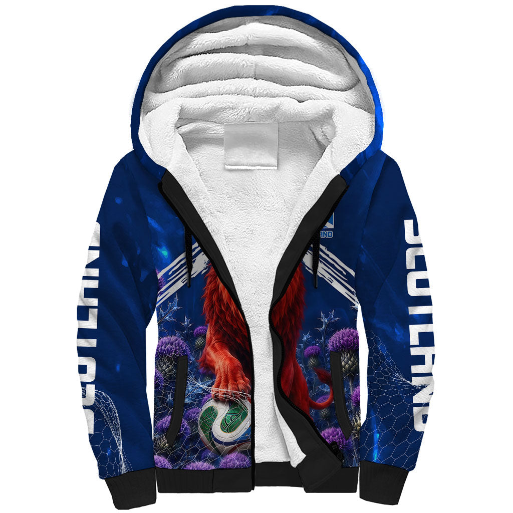 Personalized Scotland Red Lion Soccer Sherpa Hoodie Scottish Saltire Flag Purple Thistle Cheering Fans