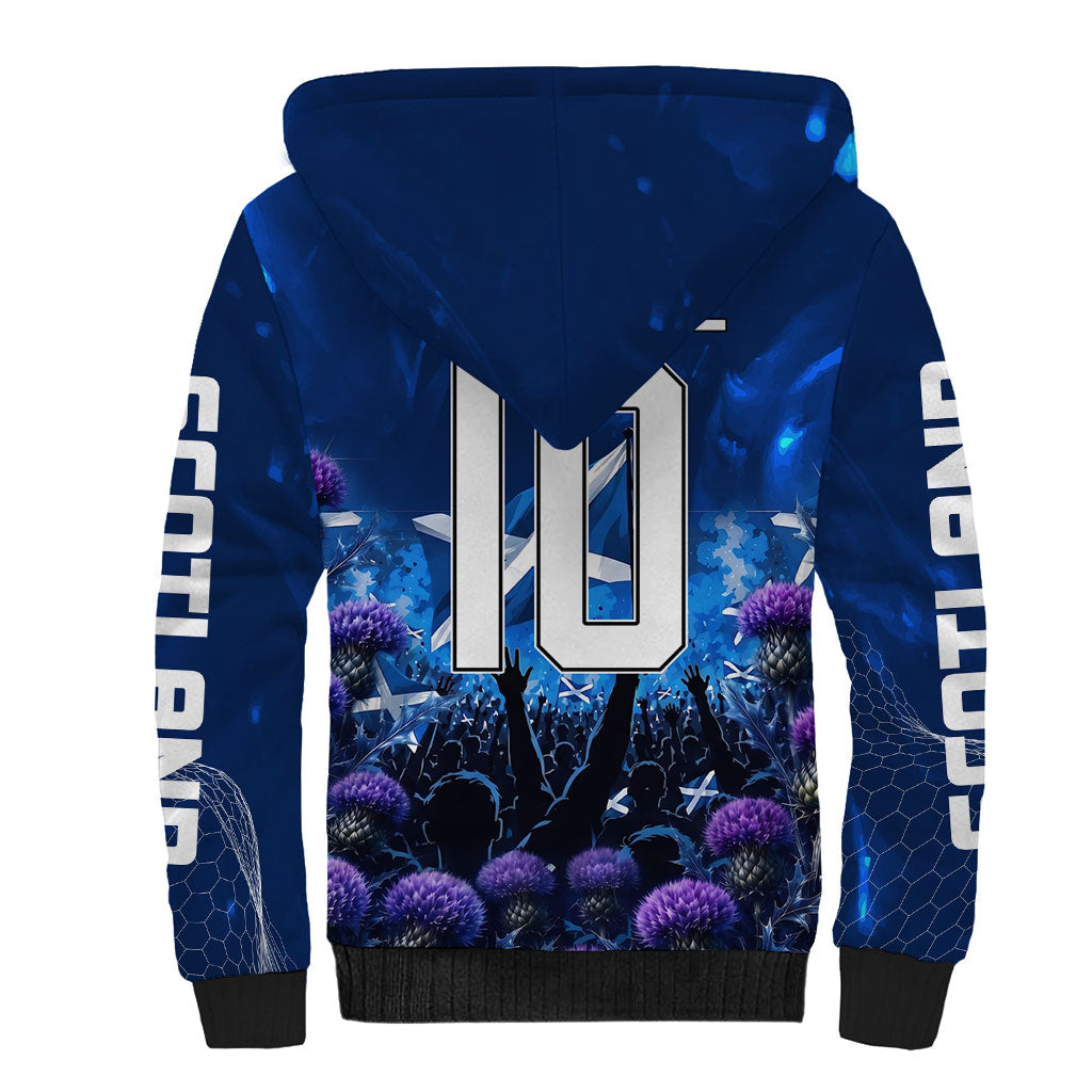 Personalized Scotland Red Lion Soccer Sherpa Hoodie Scottish Saltire Flag Purple Thistle Cheering Fans