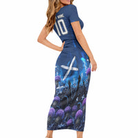 Personalized Scotland Red Lion Soccer Short Sleeve Bodycon Dress Scottish Saltire Flag Purple Thistle Cheering Fans