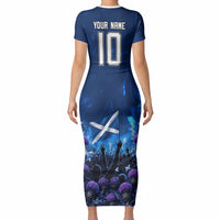 Personalized Scotland Red Lion Soccer Short Sleeve Bodycon Dress Scottish Saltire Flag Purple Thistle Cheering Fans