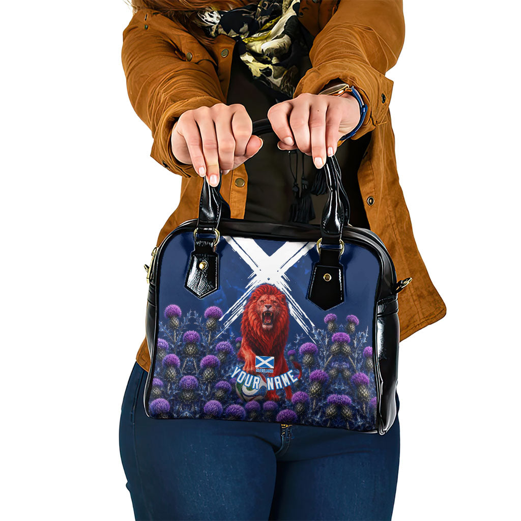 Personalized Scotland Red Lion Soccer Shoulder Handbag Scottish Saltire Flag Purple Thistle Cheering Fans