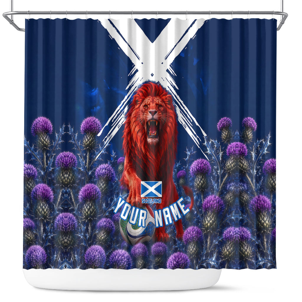 Personalized Scotland Red Lion Soccer Shower Curtain Scottish Saltire Flag Purple Thistle Cheering Fans