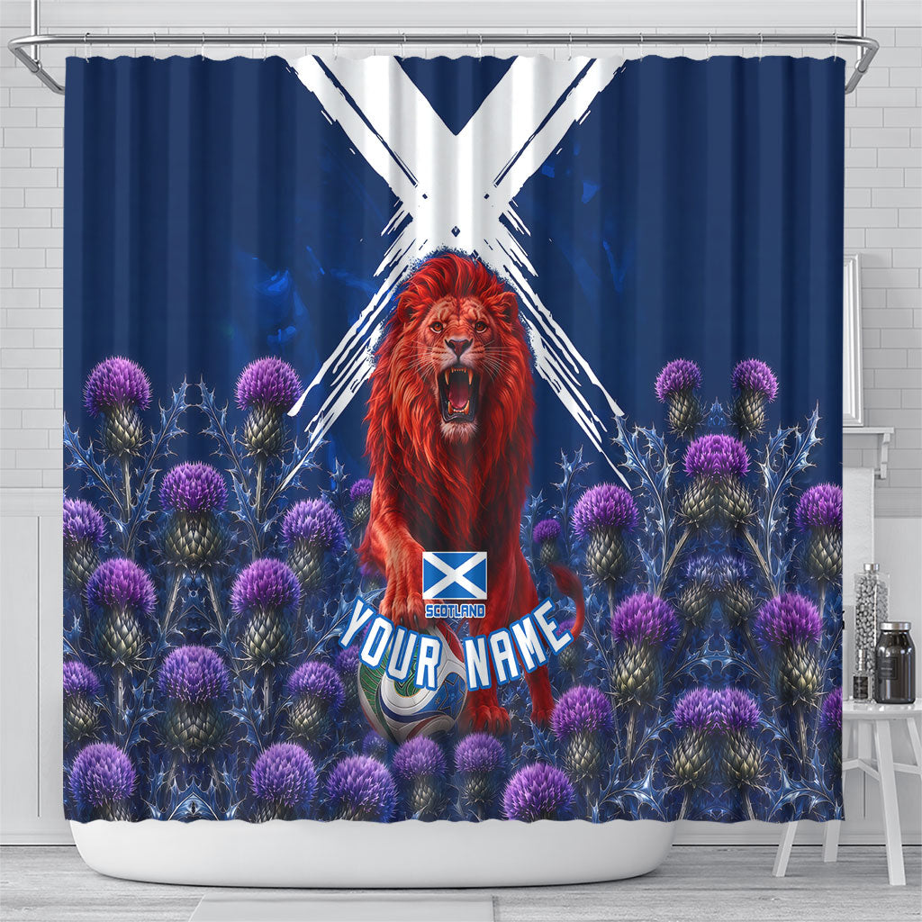 Personalized Scotland Red Lion Soccer Shower Curtain Scottish Saltire Flag Purple Thistle Cheering Fans