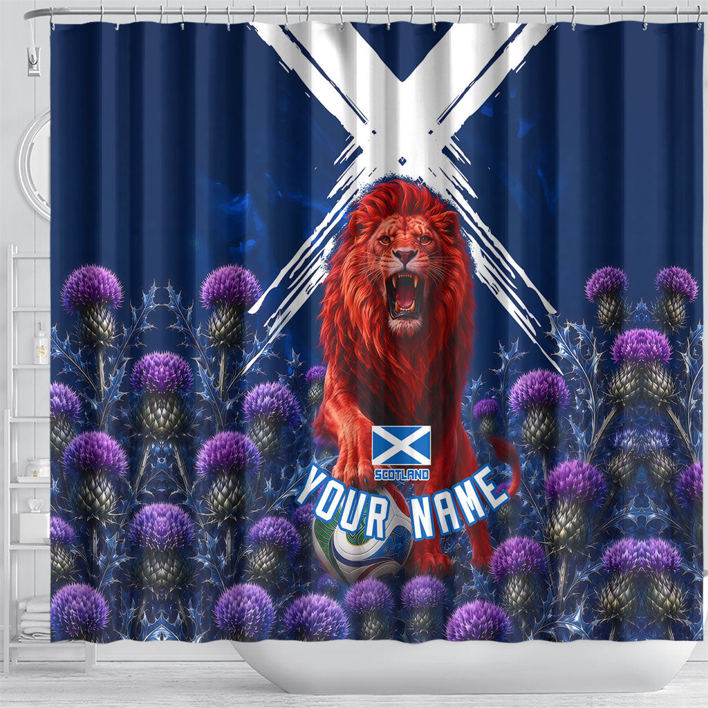 Personalized Scotland Red Lion Soccer Shower Curtain Scottish Saltire Flag Purple Thistle Cheering Fans