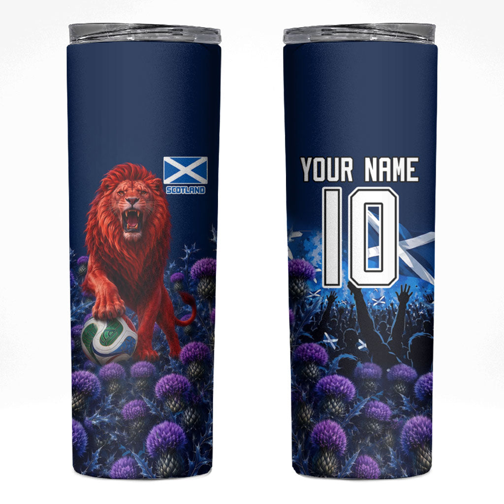 Personalized Scotland Red Lion Soccer Skinny Tumbler Scottish Saltire Flag Purple Thistle Cheering Fans