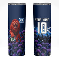 Personalized Scotland Red Lion Soccer Skinny Tumbler Scottish Saltire Flag Purple Thistle Cheering Fans