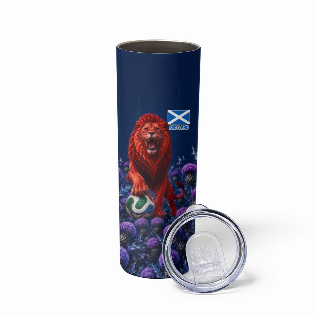 Personalized Scotland Red Lion Soccer Skinny Tumbler Scottish Saltire Flag Purple Thistle Cheering Fans