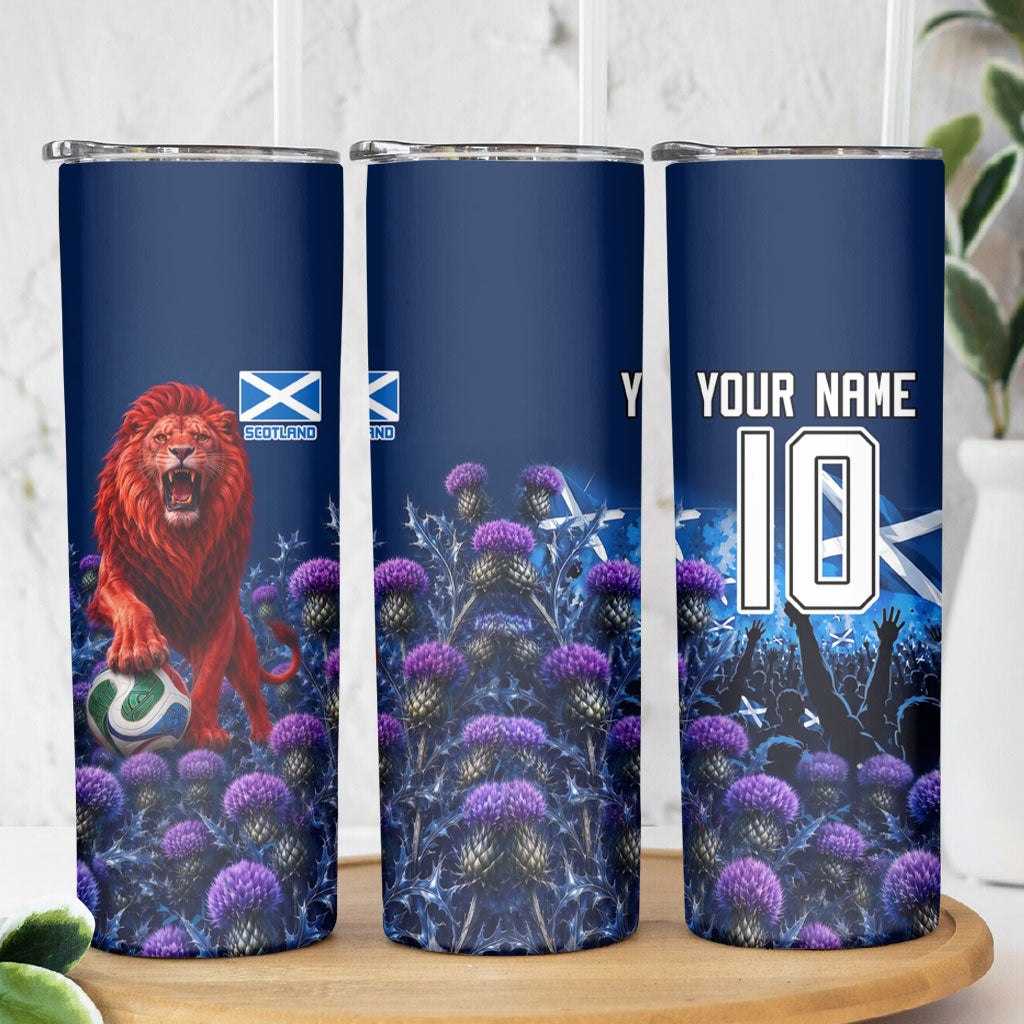 Personalized Scotland Red Lion Soccer Skinny Tumbler Scottish Saltire Flag Purple Thistle Cheering Fans