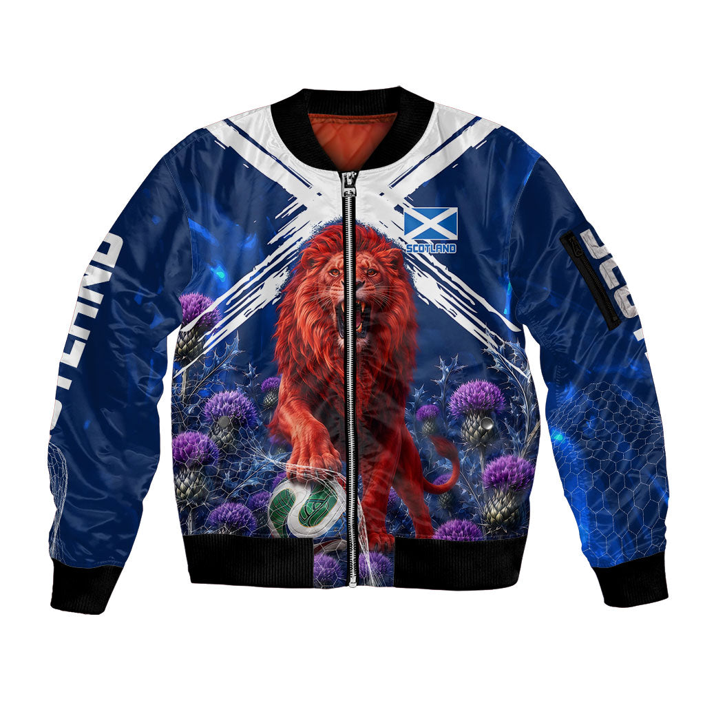 Personalized Scotland Red Lion Soccer Sleeve Zip Bomber Jacket Scottish Saltire Flag Purple Thistle Cheering Fans