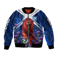 Personalized Scotland Red Lion Soccer Sleeve Zip Bomber Jacket Scottish Saltire Flag Purple Thistle Cheering Fans
