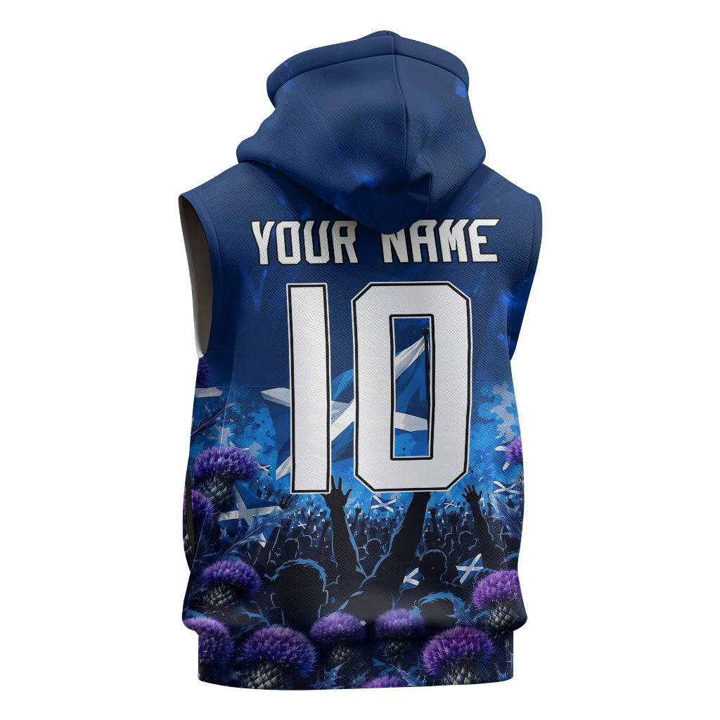 Personalized Scotland Red Lion Soccer Sleeveless Hoodie Scottish Saltire Flag Purple Thistle Cheering Fans