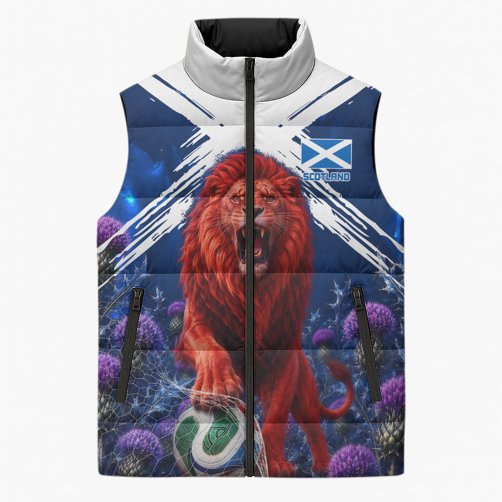 Personalized Scotland Red Lion Soccer Sleeveless Puffer Jacket Scottish Saltire Flag Purple Thistle Cheering Fans