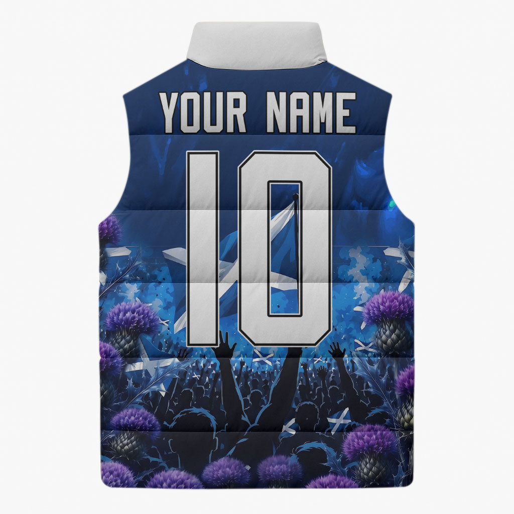 Personalized Scotland Red Lion Soccer Sleeveless Puffer Jacket Scottish Saltire Flag Purple Thistle Cheering Fans