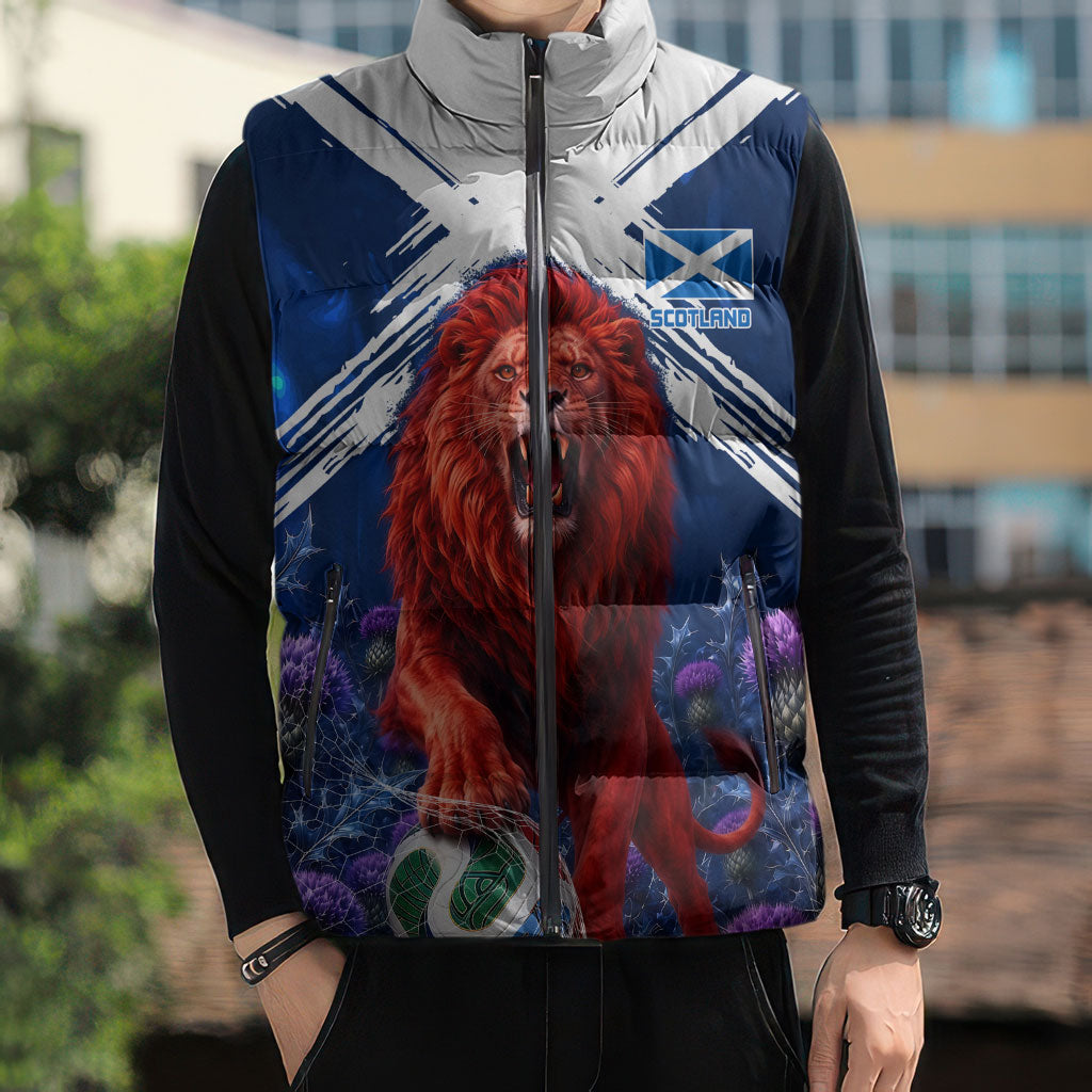 Personalized Scotland Red Lion Soccer Sleeveless Puffer Jacket Scottish Saltire Flag Purple Thistle Cheering Fans