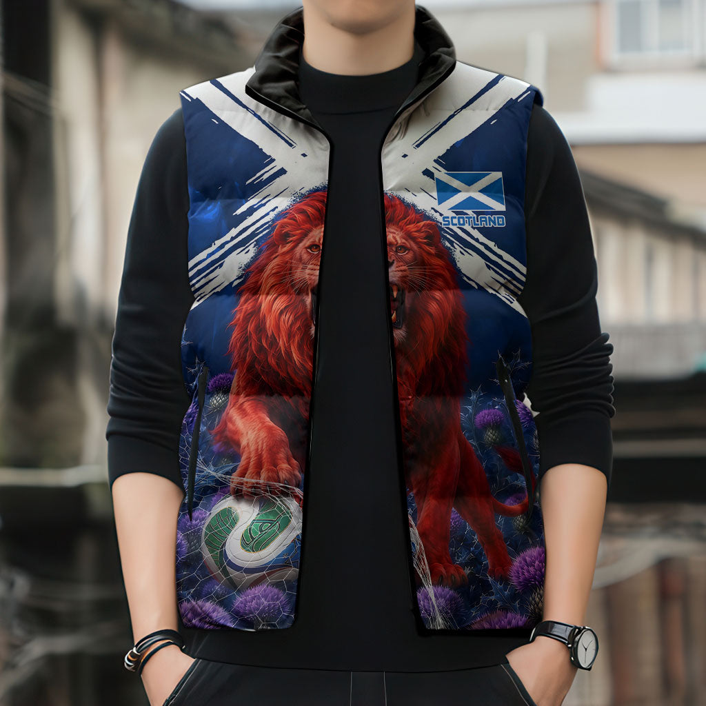 Personalized Scotland Red Lion Soccer Sleeveless Puffer Jacket Scottish Saltire Flag Purple Thistle Cheering Fans