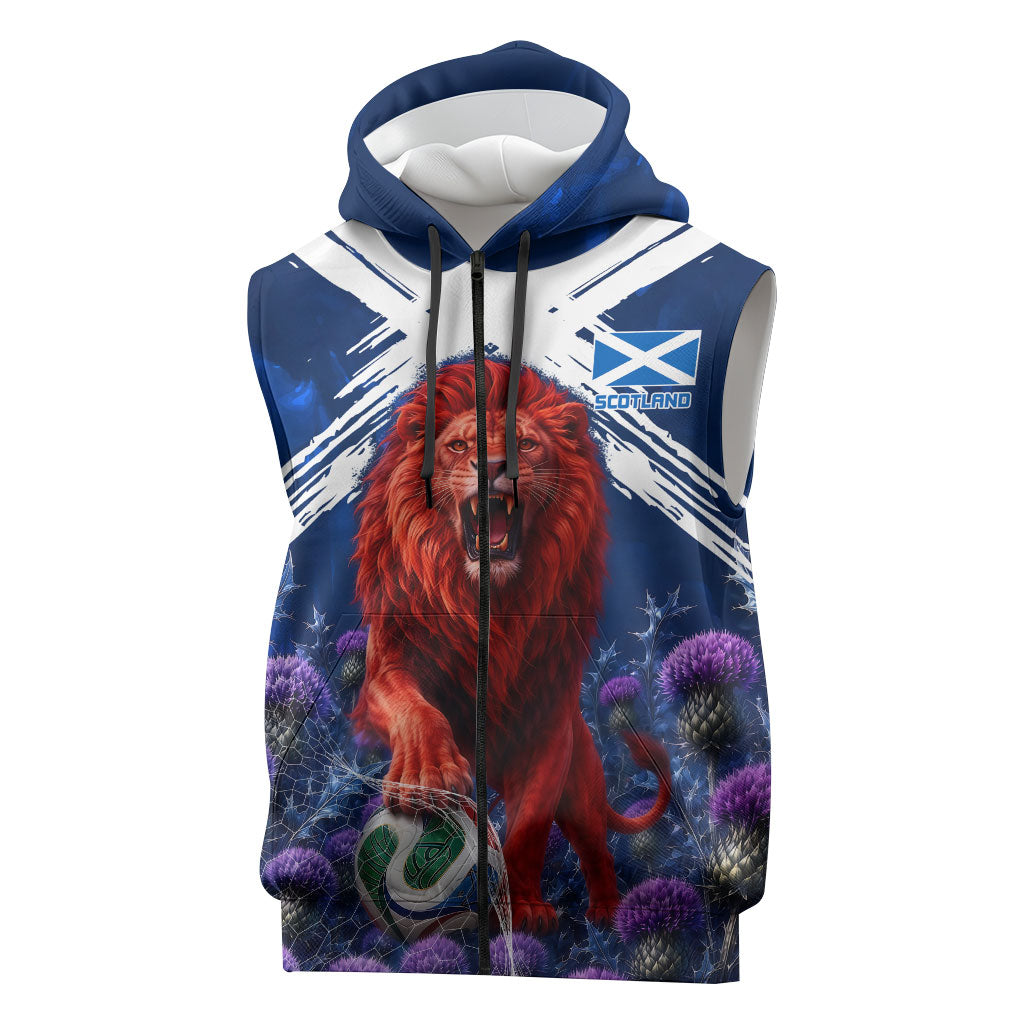 Personalized Scotland Red Lion Soccer Sleeveless Zip Hoodie Scottish Saltire Flag Purple Thistle Cheering Fans