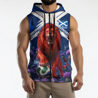 Personalized Scotland Red Lion Soccer Sleeveless Zip Hoodie Scottish Saltire Flag Purple Thistle Cheering Fans