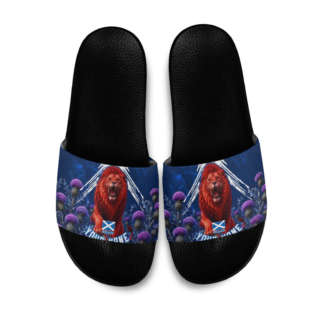 Personalized Scotland Red Lion Soccer Slide Sandals Scottish Saltire Flag Purple Thistle Cheering Fans
