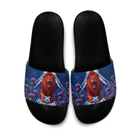 Personalized Scotland Red Lion Soccer Slide Sandals Scottish Saltire Flag Purple Thistle Cheering Fans