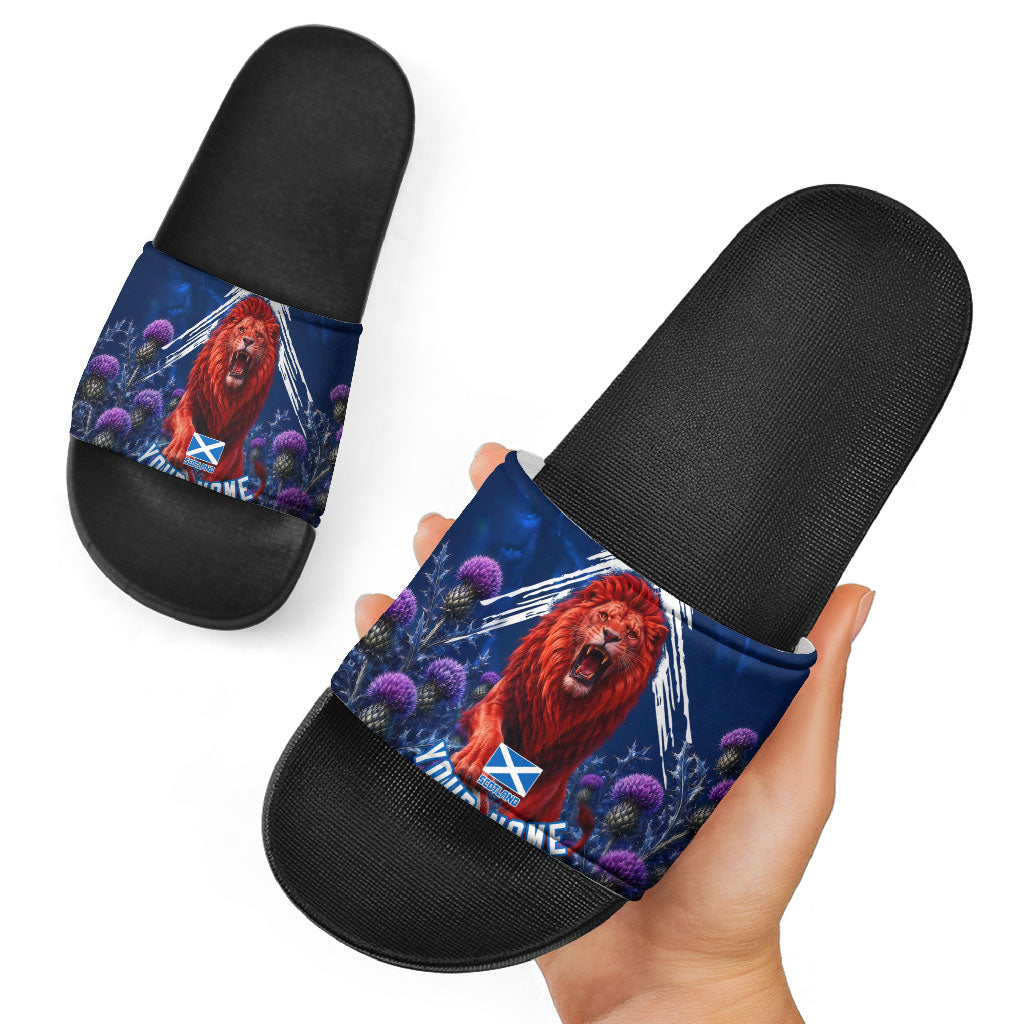 Personalized Scotland Red Lion Soccer Slide Sandals Scottish Saltire Flag Purple Thistle Cheering Fans