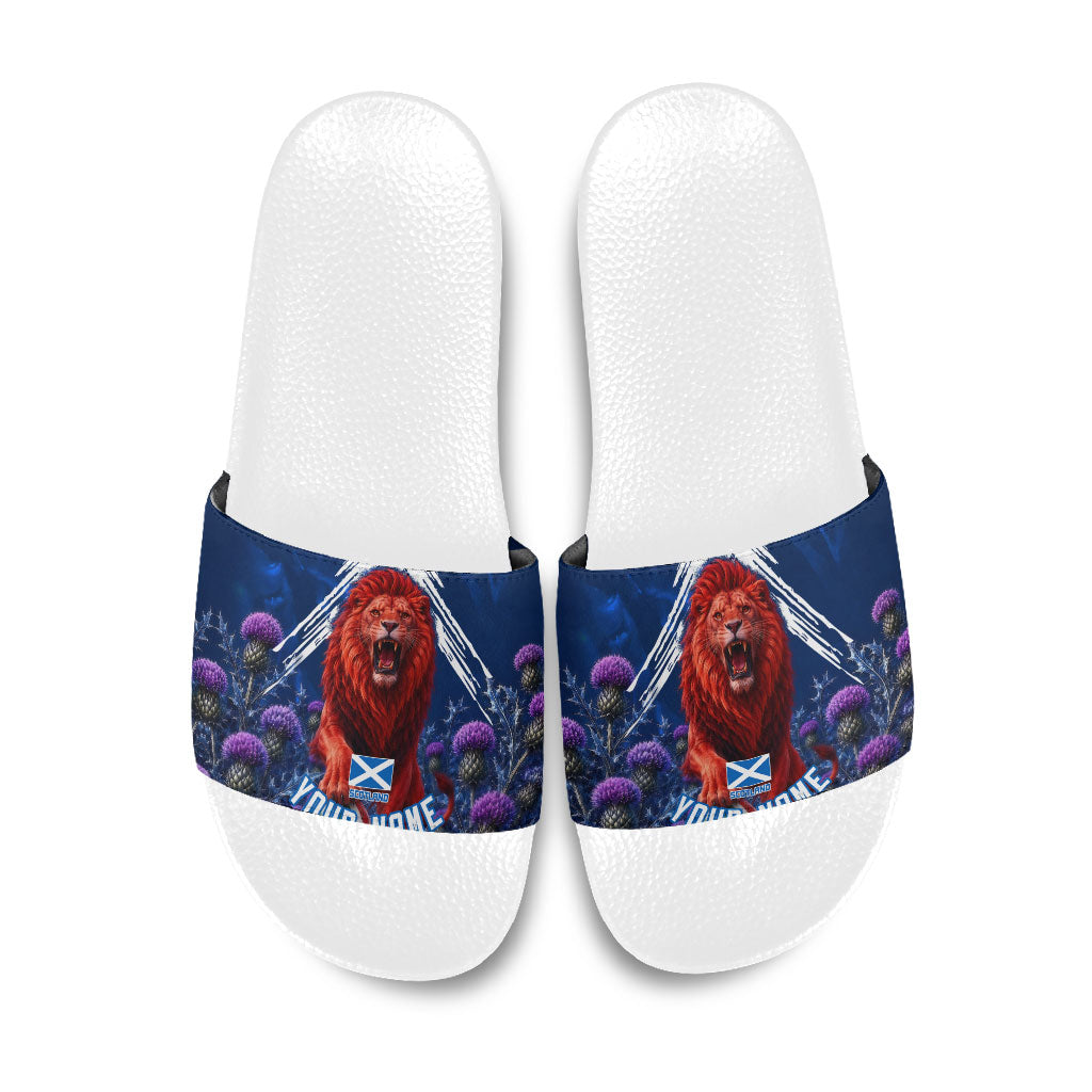 Personalized Scotland Red Lion Soccer Slide Sandals Scottish Saltire Flag Purple Thistle Cheering Fans