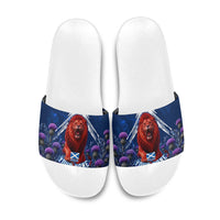 Personalized Scotland Red Lion Soccer Slide Sandals Scottish Saltire Flag Purple Thistle Cheering Fans