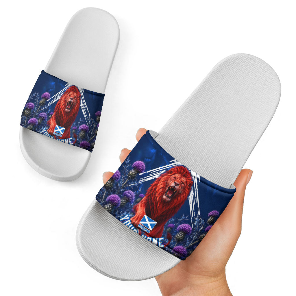 Personalized Scotland Red Lion Soccer Slide Sandals Scottish Saltire Flag Purple Thistle Cheering Fans