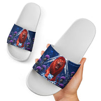 Personalized Scotland Red Lion Soccer Slide Sandals Scottish Saltire Flag Purple Thistle Cheering Fans