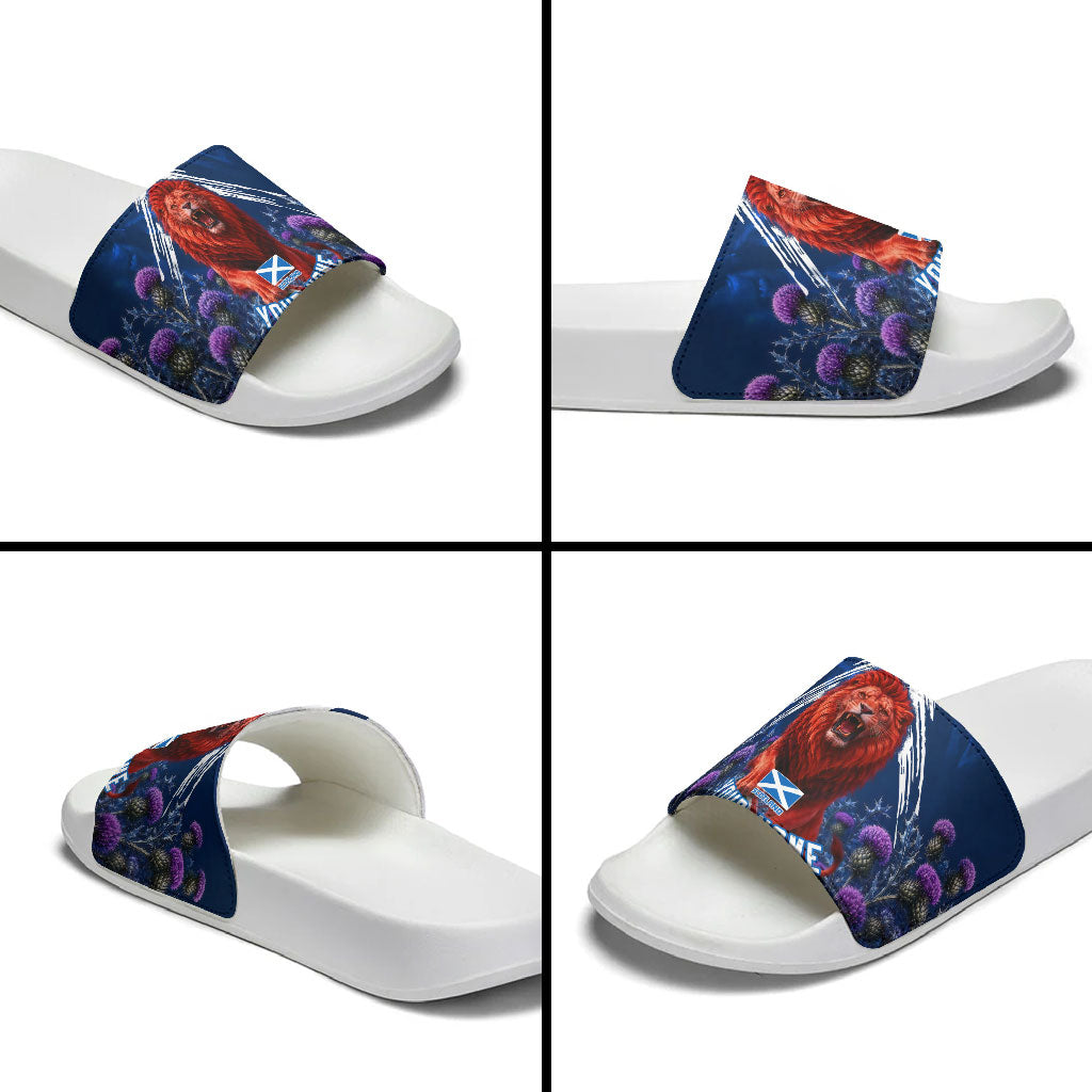 Personalized Scotland Red Lion Soccer Slide Sandals Scottish Saltire Flag Purple Thistle Cheering Fans