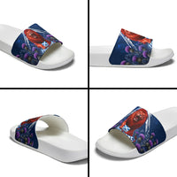 Personalized Scotland Red Lion Soccer Slide Sandals Scottish Saltire Flag Purple Thistle Cheering Fans