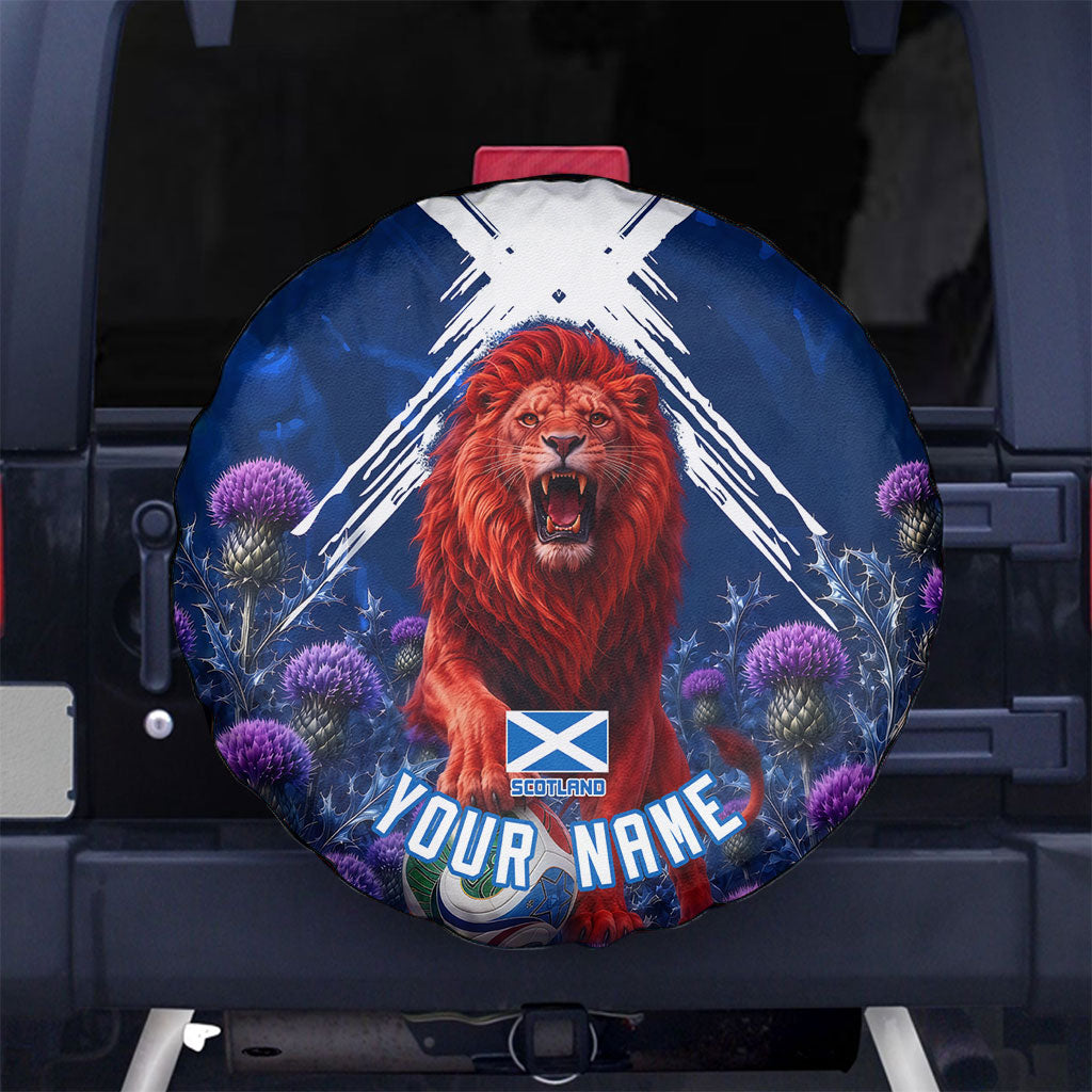 Personalized Scotland Red Lion Soccer Spare Tire Cover Scottish Saltire Flag Purple Thistle Cheering Fans