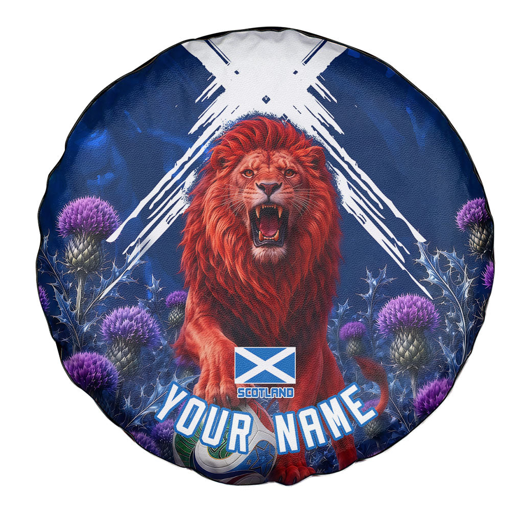Personalized Scotland Red Lion Soccer Spare Tire Cover Scottish Saltire Flag Purple Thistle Cheering Fans