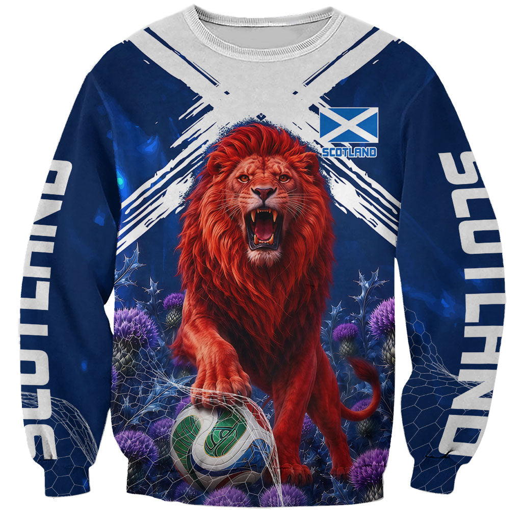 Personalized Scotland Red Lion Soccer Sweatshirt Scottish Saltire Flag Purple Thistle Cheering Fans
