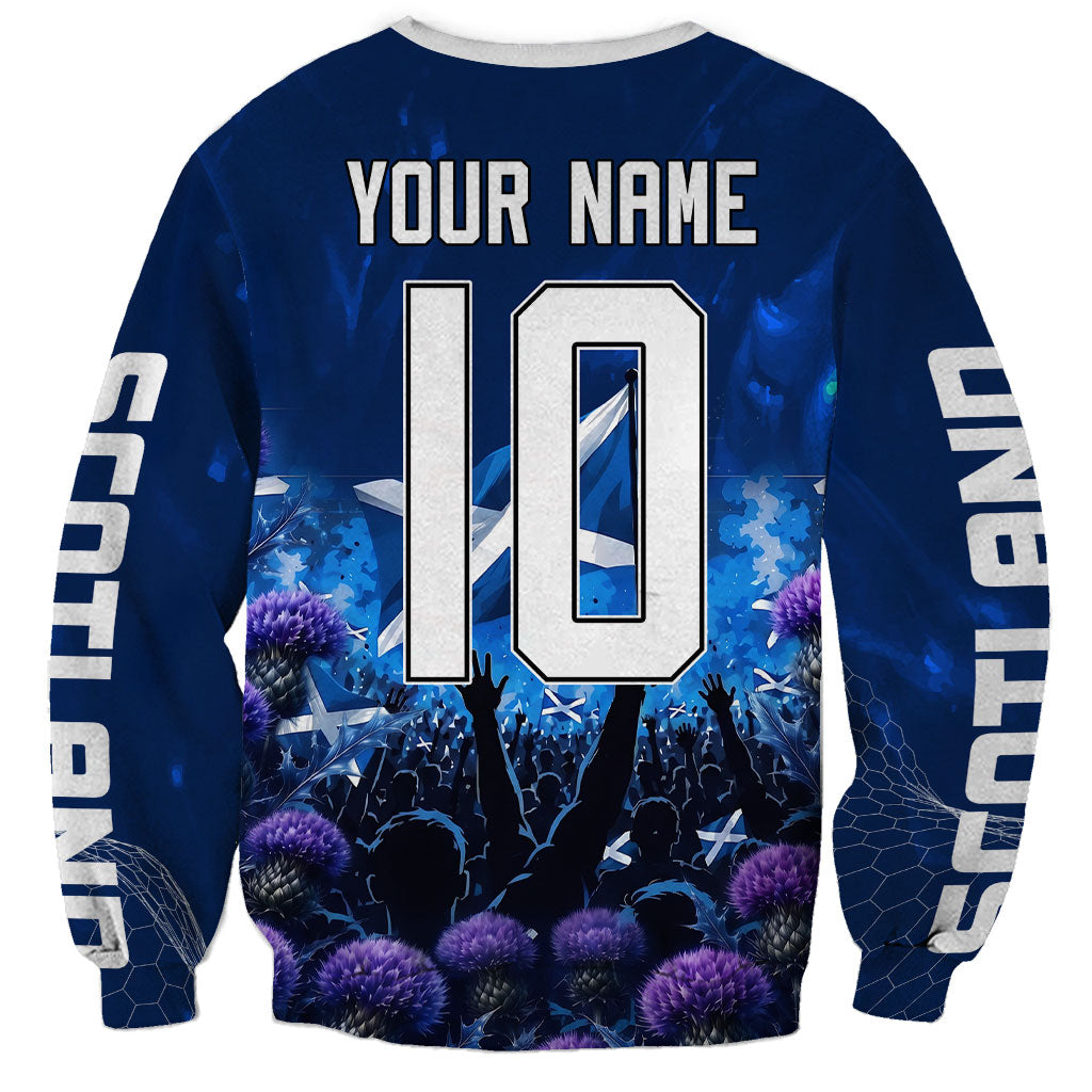 Personalized Scotland Red Lion Soccer Sweatshirt Scottish Saltire Flag Purple Thistle Cheering Fans