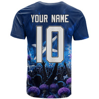 Personalized Scotland Red Lion Soccer T Shirt Scottish Saltire Flag Purple Thistle Cheering Fans