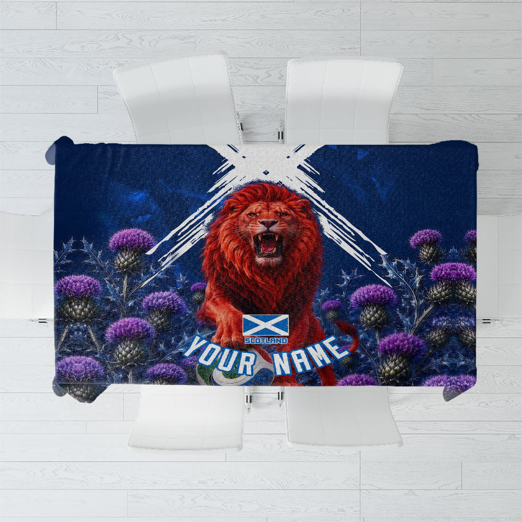 Personalized Scotland Red Lion Soccer Tablecloth Scottish Saltire Flag Purple Thistle Cheering Fans