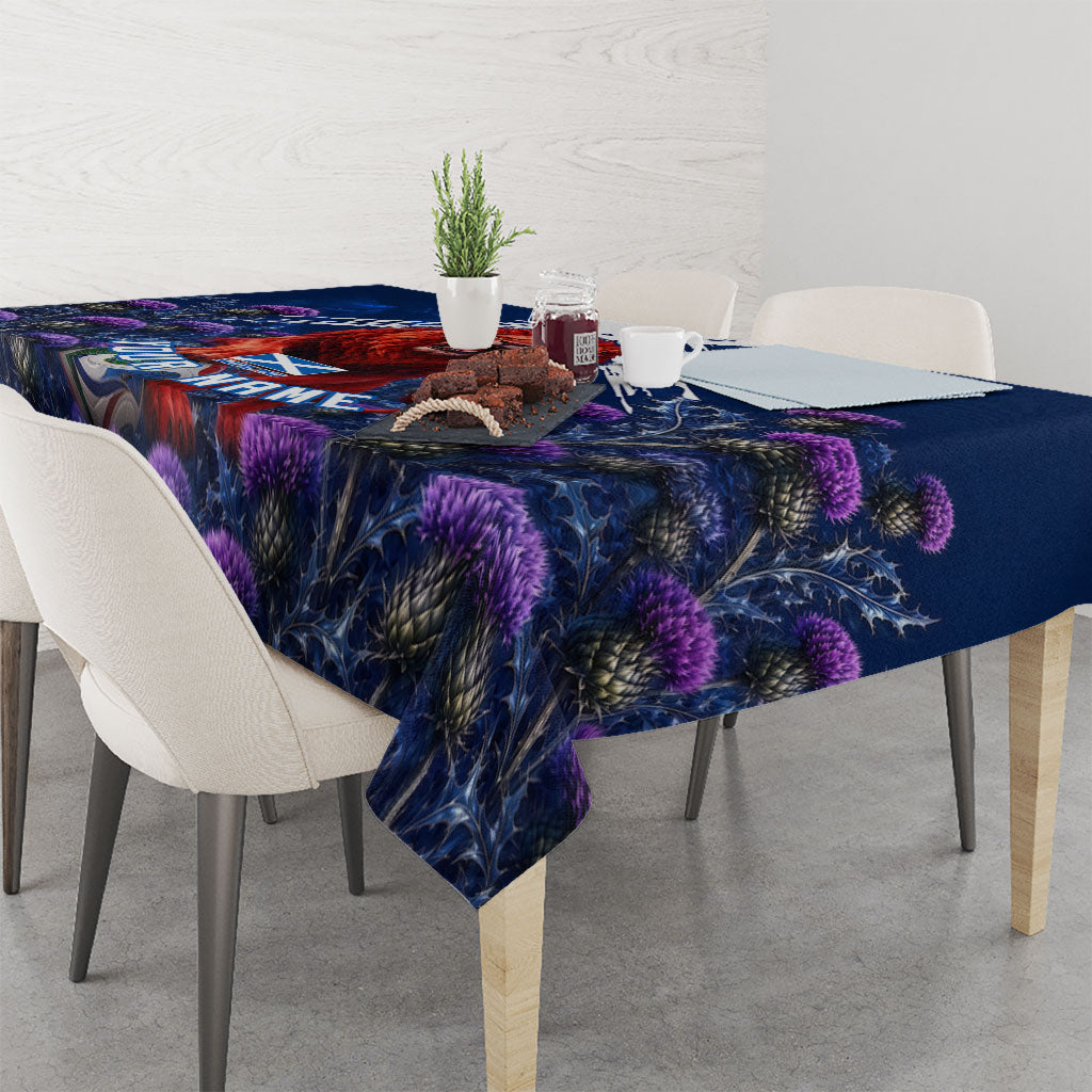 Personalized Scotland Red Lion Soccer Tablecloth Scottish Saltire Flag Purple Thistle Cheering Fans
