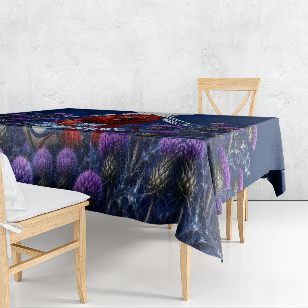 Personalized Scotland Red Lion Soccer Tablecloth Scottish Saltire Flag Purple Thistle Cheering Fans