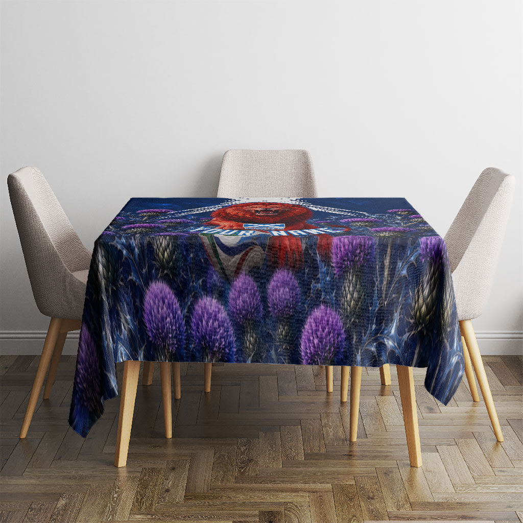 Personalized Scotland Red Lion Soccer Tablecloth Scottish Saltire Flag Purple Thistle Cheering Fans