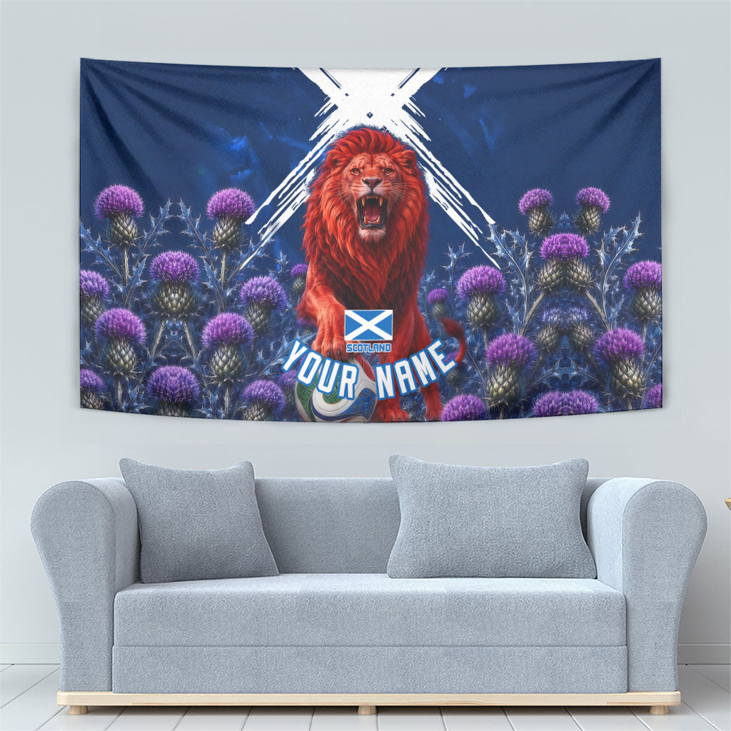 Personalized Scotland Red Lion Soccer Tapestry Scottish Saltire Flag Purple Thistle Cheering Fans