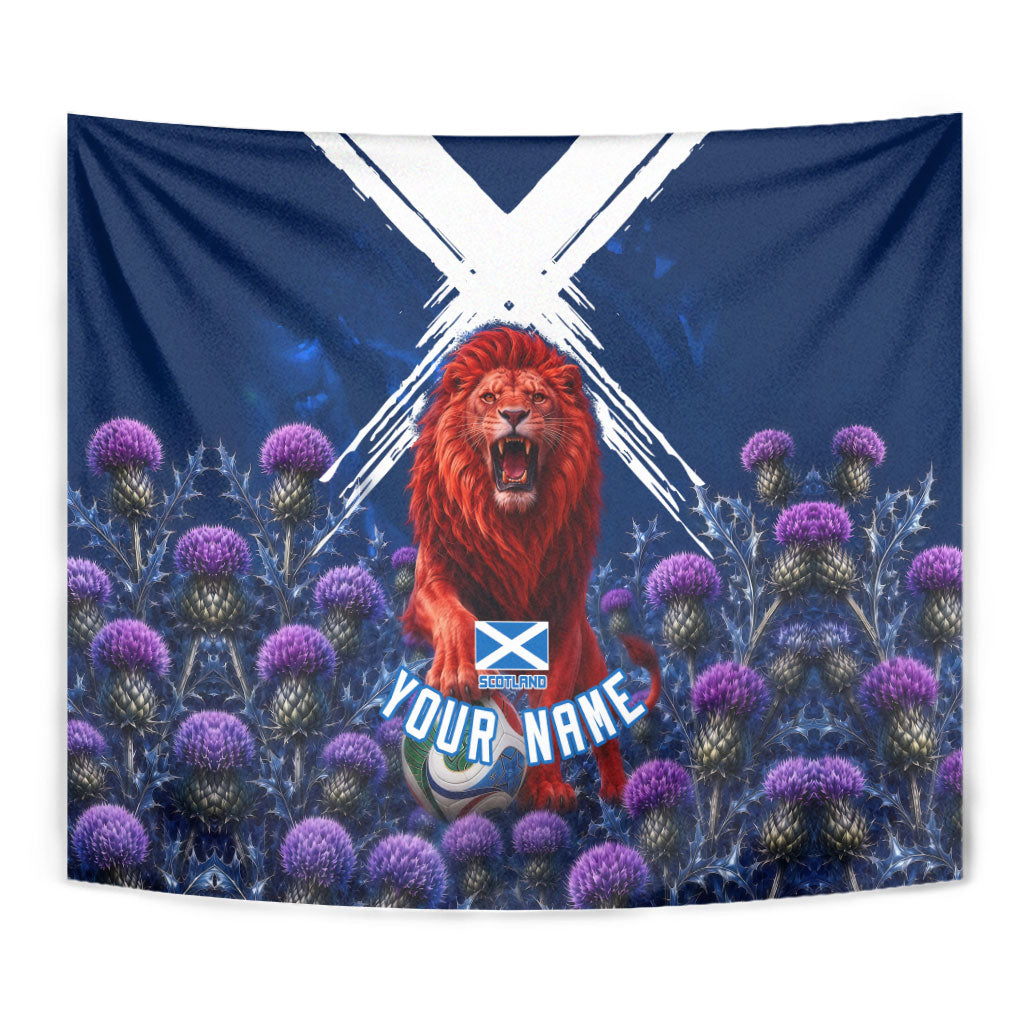 Personalized Scotland Red Lion Soccer Tapestry Scottish Saltire Flag Purple Thistle Cheering Fans