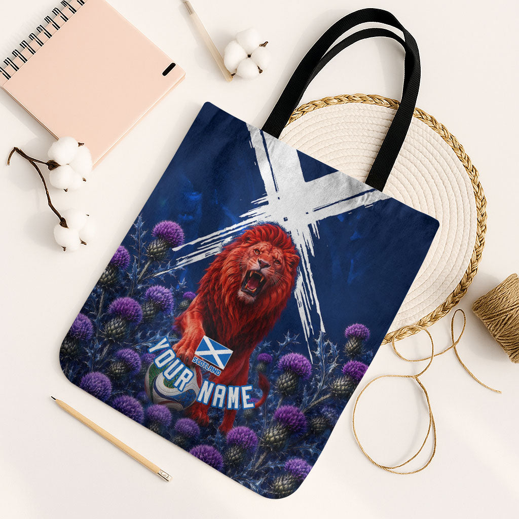 Personalized Scotland Red Lion Soccer Tote Bag Scottish Saltire Flag Purple Thistle Cheering Fans