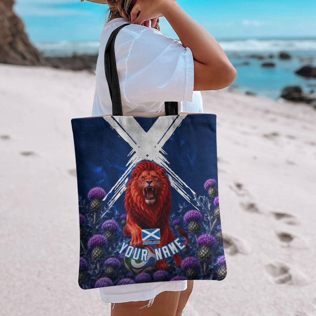 Personalized Scotland Red Lion Soccer Tote Bag Scottish Saltire Flag Purple Thistle Cheering Fans